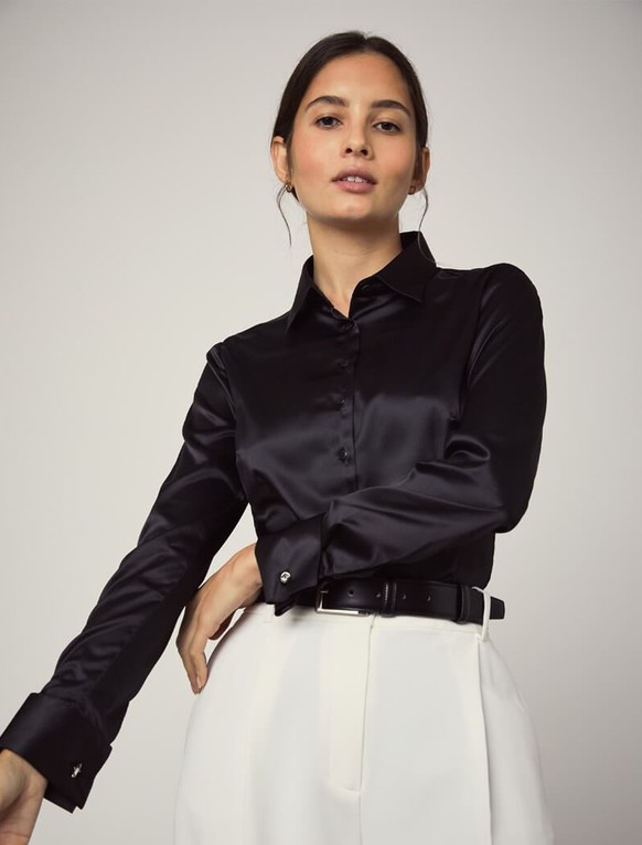 Женская атласная блузка черная под запонки