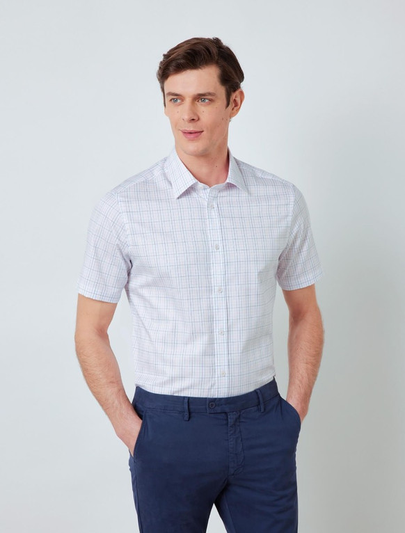 Мужская рубашка с коротким рукавом в сине-розовую клетку
