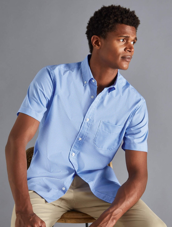 Мужская рубашка с коротким рукавом в голубую клетку non-iron