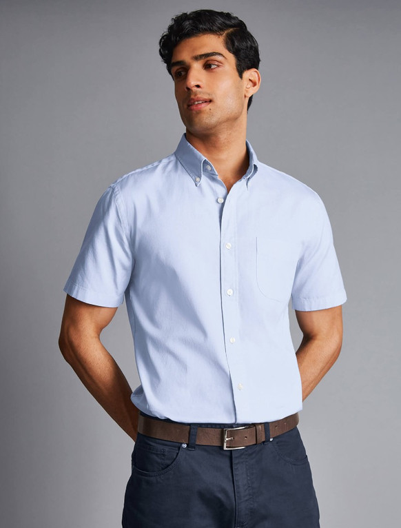 Мужская голубая рубашка с коротким рукавом оксфорд non-iron