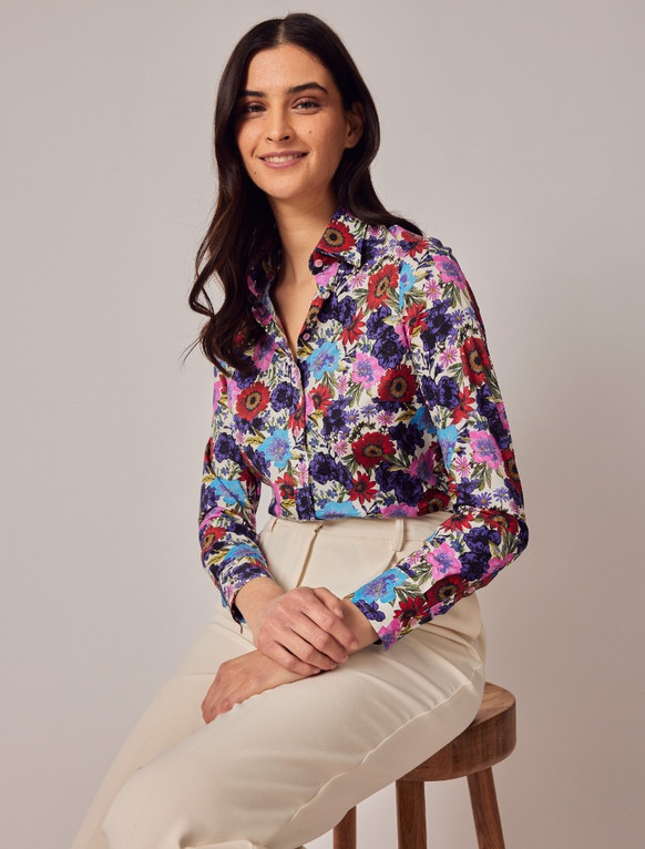 Женская полуприталенная хлопковая рубашка с цветочным принтом